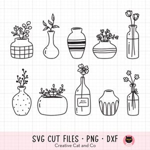 May include: Black and white line art of ten different vases, each containing a sprig of greenery or a flower. The vases vary in shape and design, including striped, dotted, and grid patterns. Text at the bottom reads "SVG CUT FILES • PNG • DXF".