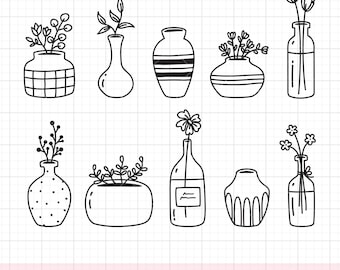 Flower Vases Drawing SVG PNG, Hand Drawn Modern Vases Clip Art Bundle, Black and White Outline, Cute Indoor Pot Plant Illustration Cut Files