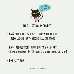 May include: A black cat with a pink shirt and scissors is holding a speech bubble that says "Happy Crafting!"  This listing includes SVG, PNG, and DXF cut files for Cricut and Silhouette. The PNG file is high-resolution, 300 DPI, and approximately 8-10 inches on its longest side.