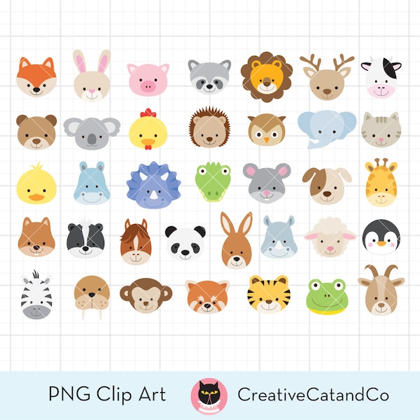 Baby Animal Face Bundle Clipart Clip Art Cute Elephant Lion Monkey Giraffe Red Panda Sheep Tiger Hippo Cow Raccoon Penguin Head Clipart Set