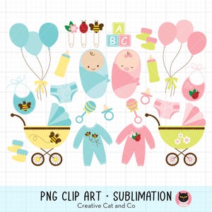 Może przedstawiać: Zestaw grafik do baby shower z różnymi artykułami dla niemowląt w kolorze niebieskim i różowym, w tym wózek, śliniaki, grzechotki i body. Grafika zawiera również motyw pszczół i biedronek.