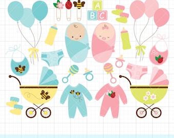 Baby Items PNG Clipart Bundle, Cute Baby Boy Girl Illustration, Stroller, Toys, Clothes, Balloons, Baby Shower Invitation & Announcement