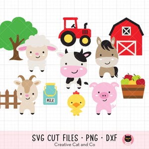 Cute Farm Animals Svg, Png, Clipart, Cow, Pig, Chicken, Sheep, Horse, Barn, Tractor, Farmhouse Animals, Svg, Dxf, Cut Files, Cricut