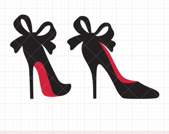 May include: Two black high-heeled shoes with red soles and a bow on the top of each shoe.