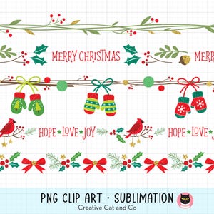May include: A set of four Christmas themed digital clipart borders featuring holly, berries, mittens, cardinals, bows, and the text "Merry Christmas", "Hope Love Joy", and "Merry".