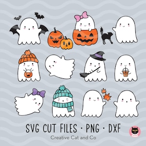 Cute Halloween Ghosts SVG PNG Bundle, Simple Ghost Cartoon Svg, Cute Flying Ghost, Boy Girl, Trick Or Treat, Black Cat, Witch Spooky clipart