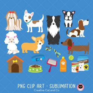 Cute Dog PNG Clipart Bundle, Dog Breeds Illustration, Corgi, Poodle, Dachshund, Shih Tzu, French Bulldog, Beagle, Border Collie, Cartoon