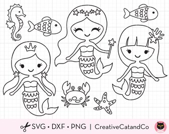 cute homework clipart black and white Mermaid Outline Coloring SVG Mermaid Digital Stamp Clipart Girl Birthday Party Favor Kid Activity Svg Dxf Cut Files PNG Clipart
