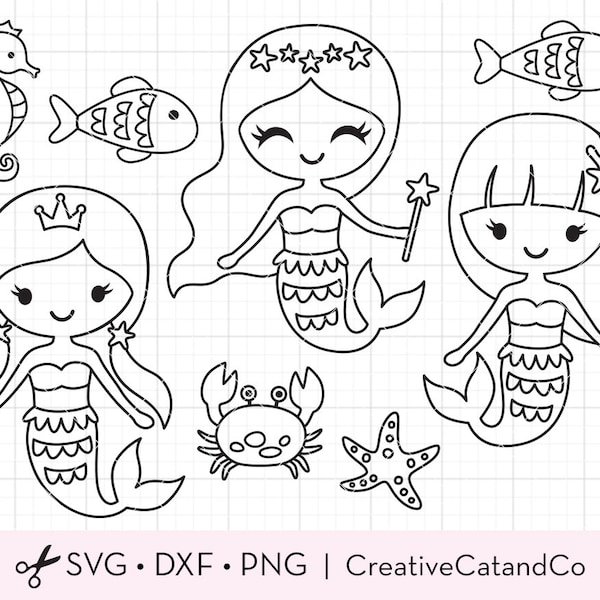 Mermaid Outline Coloring SVG Mermaid Digital Stamp Clipart Girl Birthday Party Favor Kid Activity Svg Dxf Cut Files PNG Clipart