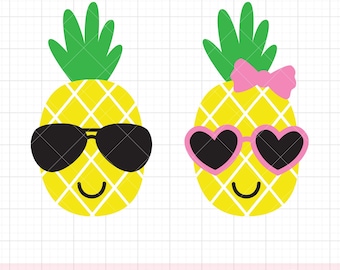 男の子と女の子のパイナップル SVG PNG リボンとサングラスをつけた