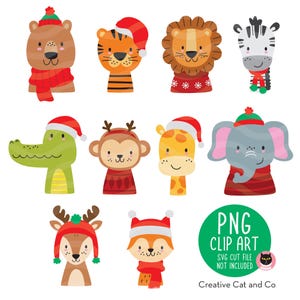 Pacchetto PNG di Natale con animali selvatici, animali della foresta della giungla con cappello da Babbo Natale, animali delle feste, tigre, leone, elefante, giraffa, cervo, clipart disegnato a mano
