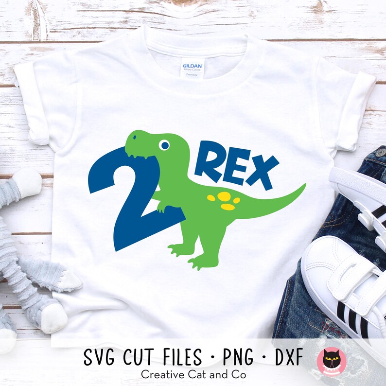 May include: White t-shirt with a green dinosaur holding a blue number 2 and the word "REX" in blue letters.
