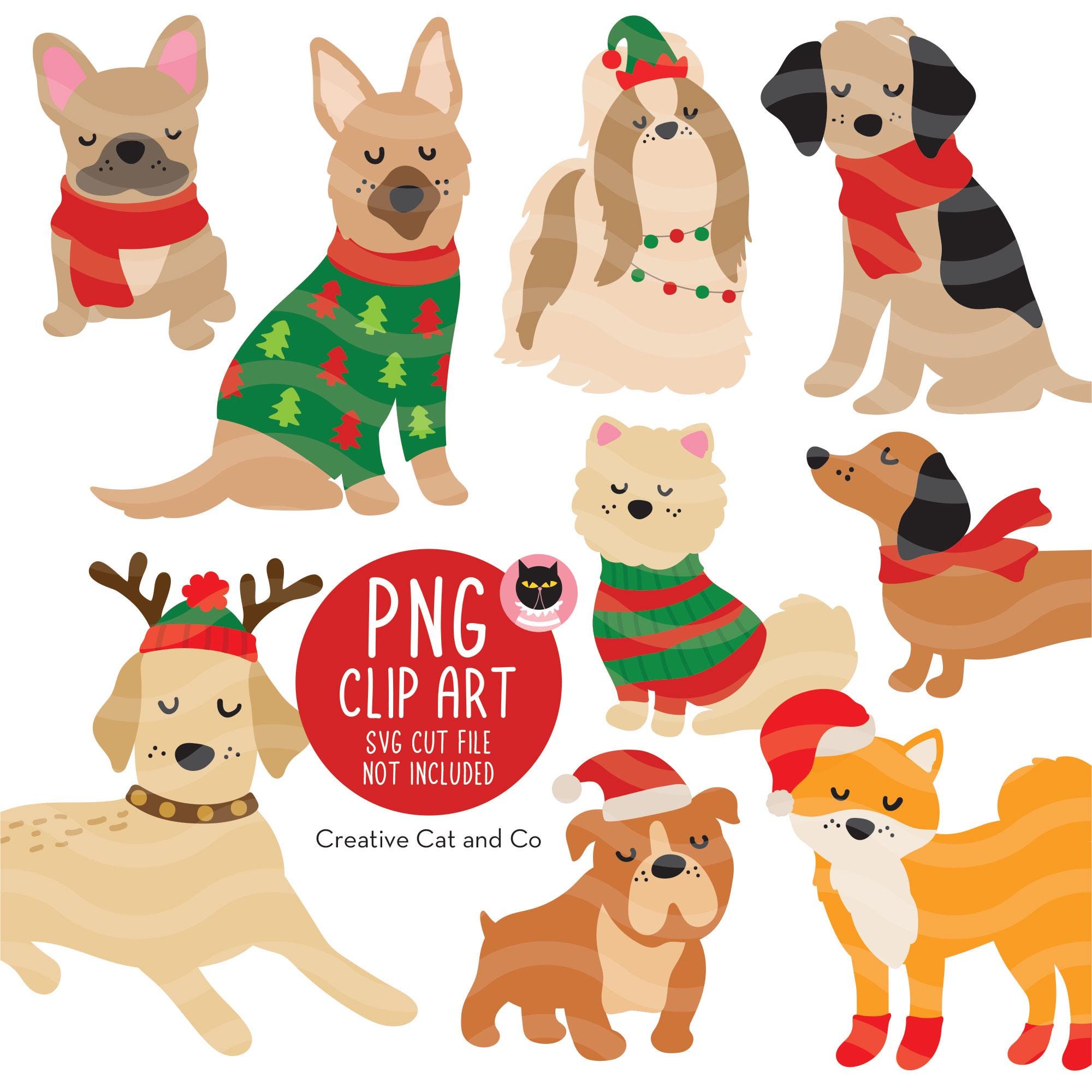 Dog Lover Christmas PNG Clipart Bundle | Dog Breeds With Santa Hats and ...