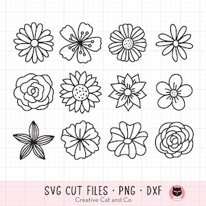 Einzelblume Doodle SVG-Bundle, Frühlingsblume Umriss, Färbung, Line Art, Rose, Sonnenblume Gänseblümchen, Hibiskus Pfingstrose, SVG, DXF Schnitt Datei Clipart