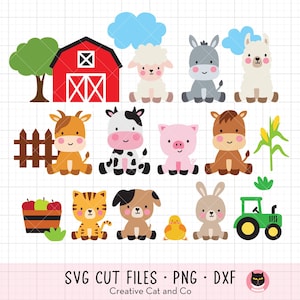 Farm Animals SVG PNG Bundle Clipart, Cute Barn Animals Birthday, Sitting, Cartoon, Cow Pig Sheep Horse Goat Donkey Pig, Svg Cut Files, DXF