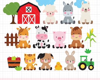 Sitting Farm Animal SVG PNG DXF Clipart Bundle | Cute Hand Drawn Barn Cow, Pig, Horse, Goat, Donkey, Sheep | Farm Themed Party Decor