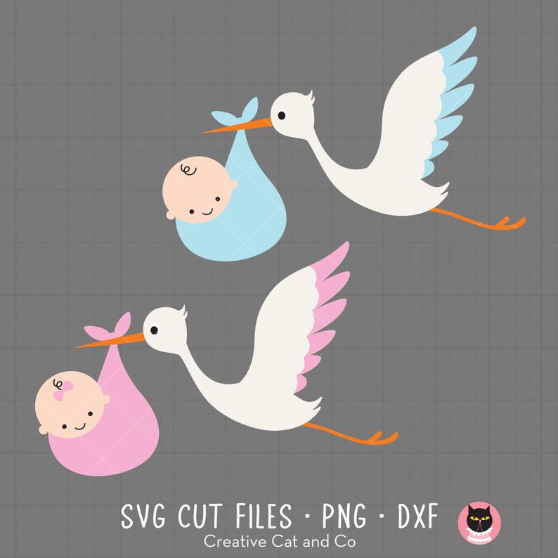 Storks with baby boy and girl SVG and PNG. Baby shower and baby announcement clip art.