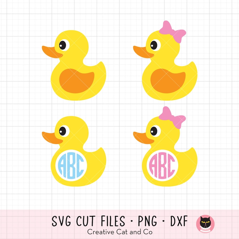 May include: Four yellow rubber ducky SVG cut files. Two ducks have pink bows and two ducks have a circle with the letters ABC inside. The ducks are facing right.