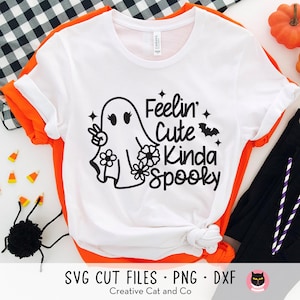 Feelin Cute Kinda Spooky SVG PNG DXF | Funny Girl Halloween Shirt Design | Cute Ghost with Peace Hand Sign Easy Cut File
