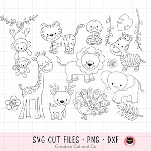 サファリ動物のアウトライン塗り絵 SVG クリップアート 野生のジャングルの動物 ライオン トラ 鹿 キリン 子供パーティー塗り絵アクティビティ SVG Dxf PNG クリップアート