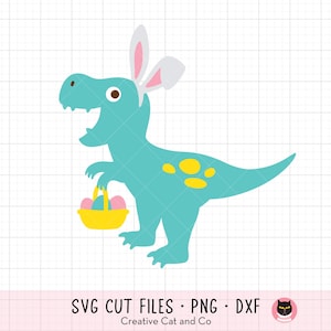 May include: A turquoise dinosaur with yellow spots wearing bunny ears holds a yellow basket with pink and yellow Easter eggs.