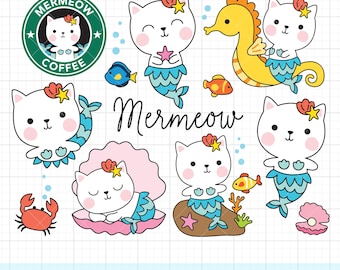 Pacote de Clipart PNG de Gatos Sereias | Gatos fofos desenhados à mão com caudas de sereia e elementos do oceano | Artesanato divertido de verão para crianças e amantes de gatos