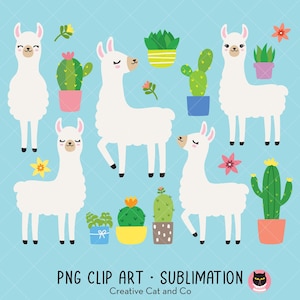 Alpaca Llama PNG Clipart, Cute White Llama Illustration, Kawaii Cartoon, Farm Animal, Cactus and Succulent Garden, Farmhouse Decor