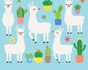 Cute Alpaca Llama PNG Clipart Bundle | White and Grey Llamas with Cactus and Succulent | Farmhouse Crafts, Gifts and Classroom Decor