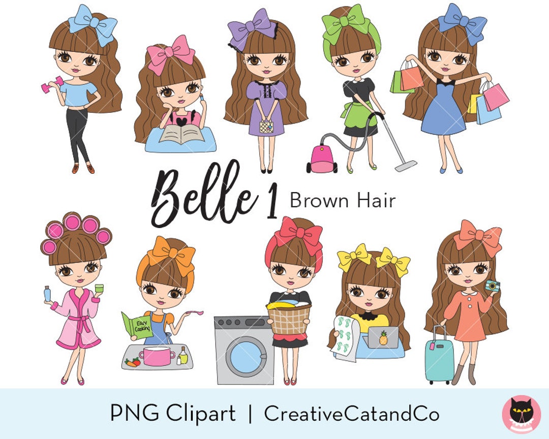 Brown Hair Girl Clipart Cute Brown Haired Girl Chores Clipart Etsy