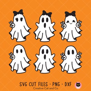 Peace Hand Ghosts Clip Art SVG PNG DXF | Halloween Ghost Set with Girl Bow Designs | Cute Black and White Sheet Ghosts Bundle