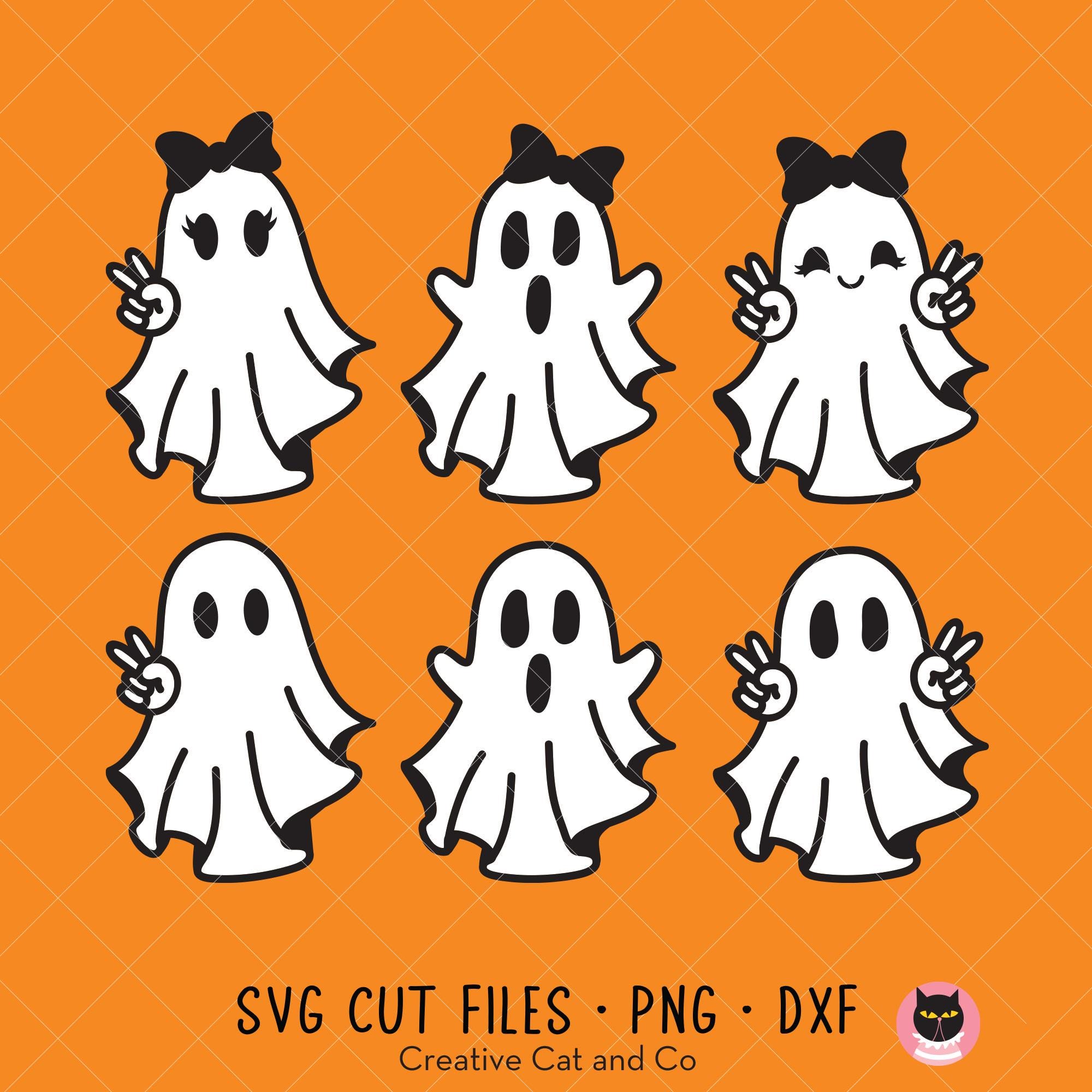 Peace Hand Ghosts Clip Art SVG PNG DXF | Halloween Ghost Set with Girl Bow Designs | Cute Black and White Sheet Ghosts Bundle