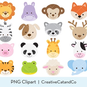Cute Animal Face PNG Clipart Bundle, Wild Animal Head Illustrations, Zoo, Safari, Jungle, Kid Cartoon, Lion, Tiger, Giraffe, Panda, Fox