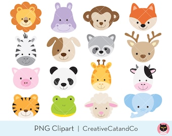 Cute Animal Face PNG Clipart Bundle, Wild Animal Head Illustrations, Zoo, Safari, Jungle, Kid Cartoon, Lion, Tiger, Giraffe, Panda, Fox