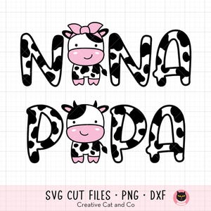 Nana Cow Svg, Papa Cow Svg, Png, Desenhos animados fofos de vaca, Vovó, Vovô, Aniversário da família de vacas, Arquivos de corte Svg para Cricut, Png, Letras de vaca