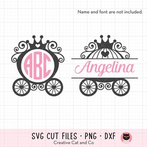 May include: Two black silhouette images of a carriage with a crown on top. The first carriage has a pink circle with the letters ABC inside. The second carriage has the name Angelina written in pink cursive.