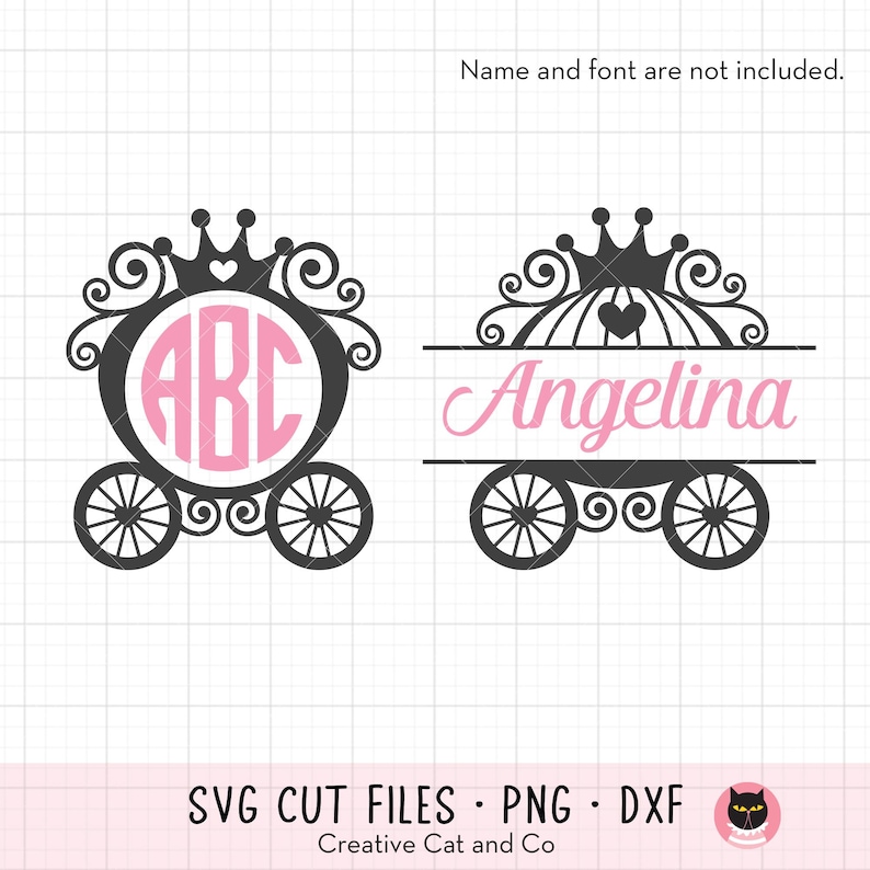 May include: Two black silhouette images of a carriage with a crown on top. The first carriage has a pink circle with the letters ABC inside. The second carriage has the name Angelina written in pink cursive.