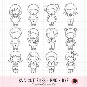 Kid Coloring SVG Clipart Cartoon Kid Children Character Outline Boy Girl Coloring Digital Stamp Birthday Party Activity Favor SVG Clipart