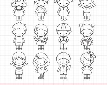 Kind Färbung SVG PNG Clipart Cartoon Kind Kinder Charakter Umriss Junge Mädchen Färbung Digitaler Stempel Geburtstag Party Aktivität Gunst Clipart