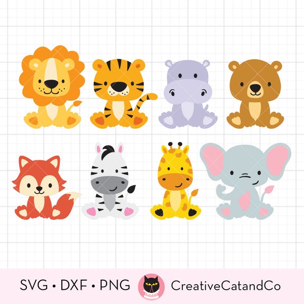 Wild Animals SVG Clipart Baby Boy and Girl Forest Woodland Jungle Wild Animal Lion Tiger Giraffe Fox Zebra Set Svg Dxf Cut Files Png Clipart