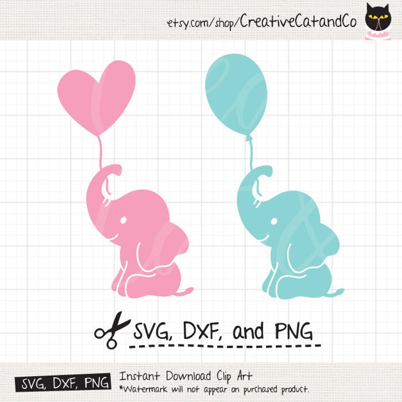 Baby Elephant Silhouette SVG DXF Elephant Holding Balloon ...