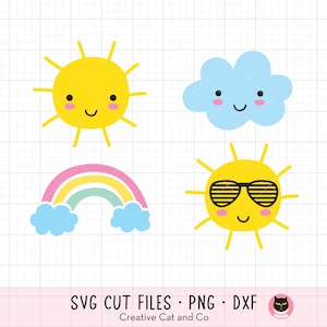 May include: A set of four digital cut files featuring a yellow sun with a smiling face, a blue cloud with a smiling face, a rainbow with pink, yellow, and green stripes, and a yellow sun with sunglasses and a smiling face.