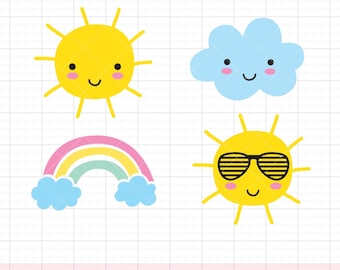 Puede incluir: Un conjunto de cuatro archivos de corte digital que presentan un sol amarillo con una cara sonriente, una nube azul con una cara sonriente, un arcoíris con rayas rosas, amarillas y verdes, y un sol amarillo con gafas de sol y una cara sonriente.