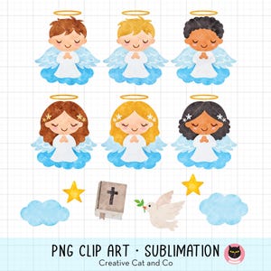 男の子と女の子の天使の PNG クリップアート、雲の上の水彩画の小さな天使、祈る天使、子供の天使のイラスト バンドル、黒い天使、聖書と鳩