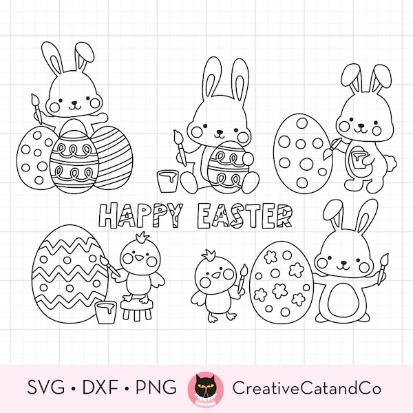 Easter Bunny Outline for Coloring Svg, Png, Bunny and Chick Painting Easter Eggs Drawing, Kid Coloring Activity, Svg, Digital Stamp, Clipart