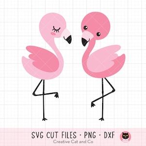 May include: Two pink flamingos with black eyes and beaks, standing on one leg, facing each other. The flamingos are on a white background with a grid pattern.