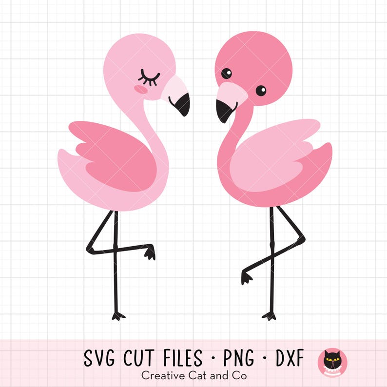 May include: Two pink flamingos with black eyes and beaks, standing on one leg, facing each other. The flamingos are on a white background with a grid pattern.