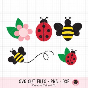 Bee and Ladybug SVG, PNG, DXF - Cute Red Lady Beetle Clipart, Garden Insect Cartoon Illustration, Cricut Cut File