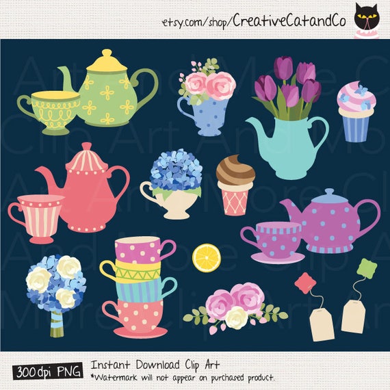 afternoon tea party clipart teapot and tea cup set english tea high tea hydrangea vase party accessories items clipart clip art set english tea party invitations