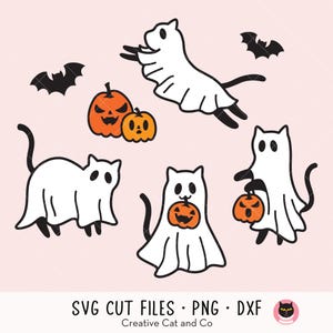 May include: A collection of Halloween-themed digital cut files featuring cartoon cats dressed as ghosts, pumpkins, and bats. The designs are in black and white with orange accents on a light pink background. Text at the bottom reads "SVG CUT FILES • PNG • DXF".