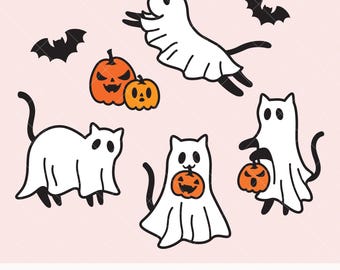 Ghost Cats SVG PNG DXF Clip Art Set | 4 Cute Halloween Cat Ghosts with Trick or Treat Pumpkins | Funny Designs for Cat Moms and Fall Crafts